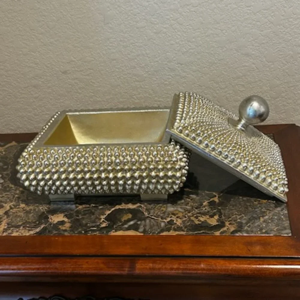 NWT Vintage Coffee Table Champagne Textured Studded Jewelry Trinket Box
